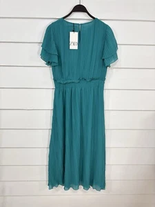 Neu ZARA TÜRKISFARBENES kurzärmliges Plissee-Midikleid EDEL elastischer Bund XL Y119F - Bild 1 von 16