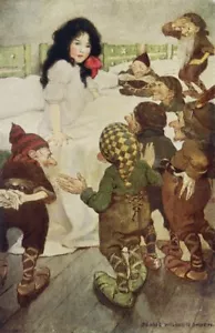 Fairy Tale Postcard: Vintage repro - Lovely Snow White + Seven Dwarves, 1920's - Picture 1 of 3