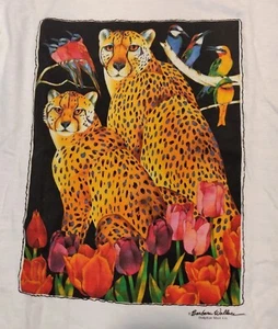 Vtg Barbara Wallace Cheetah Flower Bird Art Tee Graphic Shirt Small S USA - Picture 1 of 6