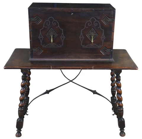 Antique Kittinger Spanish Colonial Walnut Fall Front Secretary Desk Barley Twist Cover