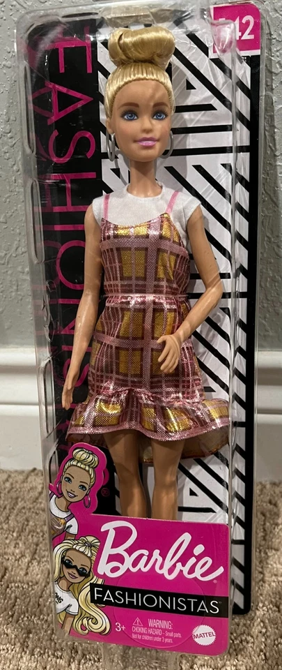 Barbie Fashionistas Doll  Blonde Updo Hair Pink & Gold Plaid Shimmer Dress #142 - Image 1 of 1