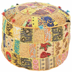 Indian Vintage Embroidered Patchwork Round Seating Pouf Cover Footstool Ottoman - Picture 1 of 4