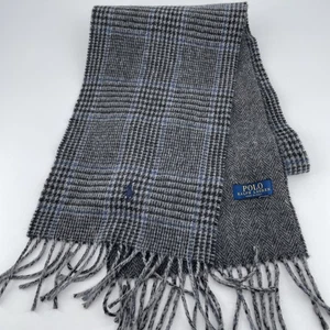 Polo Ralph Lauren Scarf Italy Gray Plaid Houndstooth Soft Wool Blend Navy Pony - Picture 1 of 8