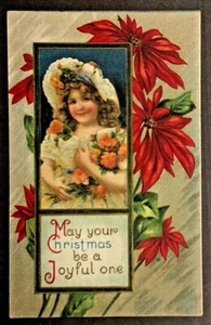 "May Your Christmas be a Joyful One" Young Girl w Flowers on Pintsettia Bkgd - Picture 1 of 2