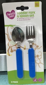 Parent's Choice 2pk Toddler Fork &Spoon Set Blue 12+mo Lightweight Stainless NIP - Picture 1 of 3