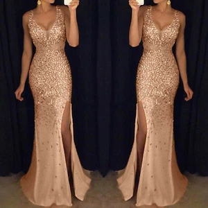 Women Sequin Weddig Cocktail Formal Prom Evening Party Long Maxi Dress Ball Gown - Picture 1 of 13