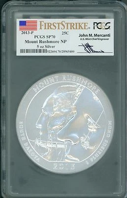 2013-P Mt MOUNT RUSHMORE ATB 5 Oz SILVER PCGS SP70 John Mercanti First Strike FS - Image 1 of 2