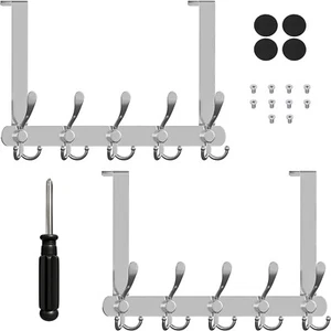 2PCS Over the Door 5 Hooks Coat Rack for Hanging Bags Clothes Hats Chrome - Picture 1 of 8