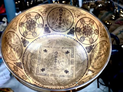 10-24" Handcrafted Singing Bowl with Mandala, 8 Corner Symbol, Meditating Yogi- - Image 1 of 4