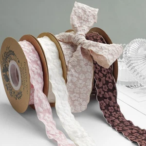 9M Reel Embroidery Jacquard Flower Camellia Ribbon - 2.5cm 4cm Width - 9 Colors - Picture 1 of 11