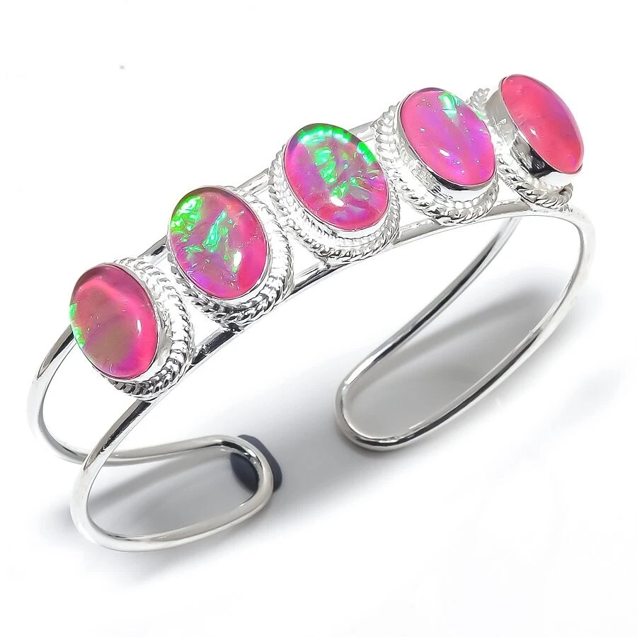 HANDMADE Bracelet manchette bijoux en argent sterling 925 pierre précieuse opale tripl...