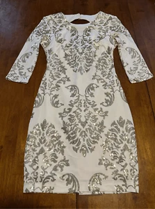 Mini abito da cocktail bianco B.Darlin taglia 5/6 bodycon schiena aperta paillettes oro - Foto 1 di 9