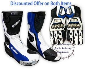 Yamaha Motorcycle Boots Genuine Leather Shoes With Motorbike Racing Gloves - Picture 1 of 12