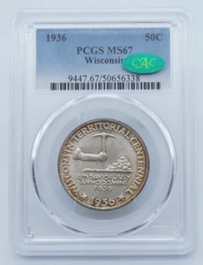 1936 Wisconsin 50c Half Dollar Commemorative PCGS & CAC MS67 - C1949 - Picture 1 of 5
