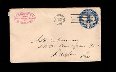 BALTIMORE A. Lohmeyer Red Oval Corner Card 1894 Columbian PSE Cover  8q - Image 1 of 2
