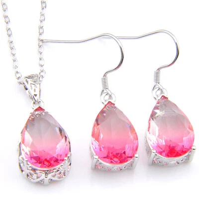 Conjunto de joyas lágrima rojo bicolor turmalina plata collar pendientes colgantes Foto 1 de 4