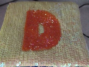 INITIAL LETTER D IN ORANGE BEADS ON YELLOW SEQUINS COIN PURSE BLING BLING - Picture 1 of 2
