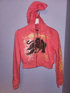 Neu mit Etikett Ed Hardy kurz geschnittener Hoodie rosa mehrfarbig durchgehender Reißverschluss - Damen Medium - SCHÖN! - Bild 1 von 8