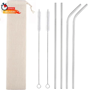 Set of 4 Reusable Metal Straws, Long Stainless Steel Straw with Cleaning Brushes - Picture 1 of 12