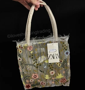 ZARA CREME ORGANZA TÜLL BLUMENSTICKEREI BEUTELTASCHE BUNT BESTICKT SHOPPER - Bild 1 von 24
