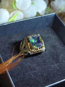 Sterling Silver 925 Size 10 Ring Thick Heavy Large Mystic Topaz Black Spinel - Picture 1 of 12