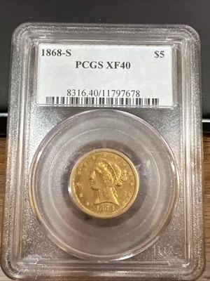1868-S $5 Liberty Head Gold Coin PCGS XF 40 – Rare Collectible - Image 1 of 2