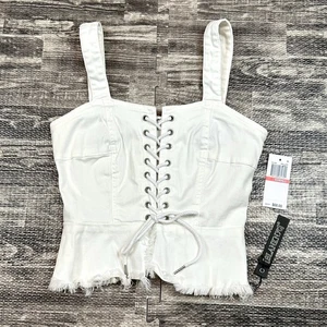 BlankNYC Lace Up Peplum Tank Top Gr. XS Stretch Denim in Great White Neu mit Etikett - Bild 1 von 8