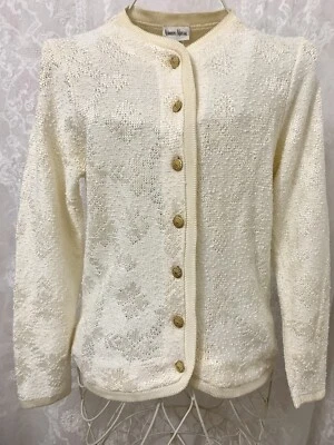 Vintage 70’s Neiman Marcus ILGWU Label Sweater Cárdigan Ivory Gold Button Front  - Image 1 of 4