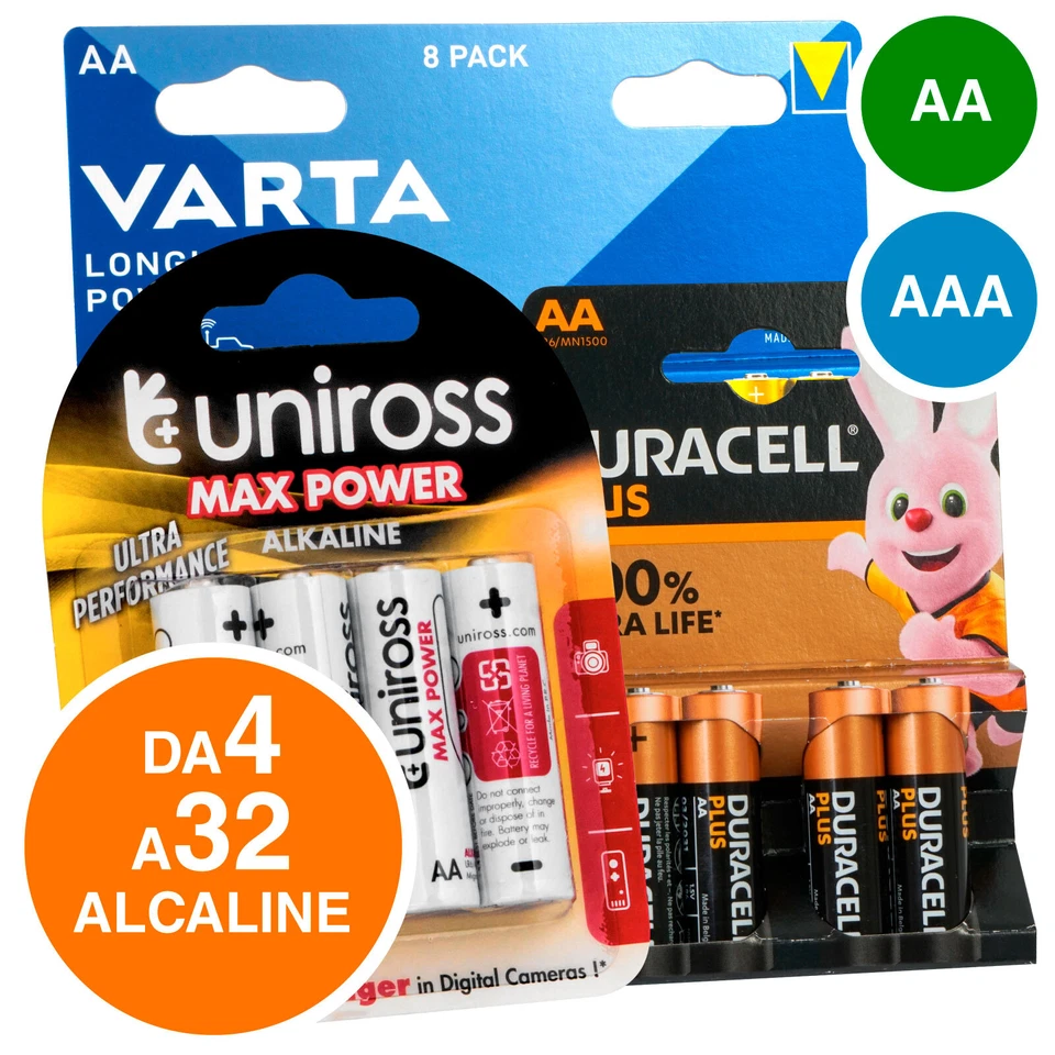 DURACELL VARTA UNIROSS Batterie Duracell Plus Varta Long Life 4-32 Pile Stilo AA Ministilo AAA Blister