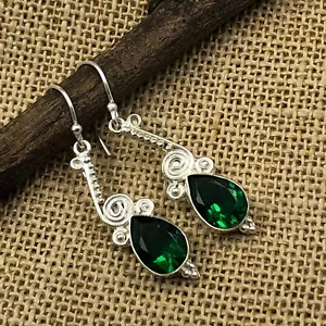Emerald Gemstone Drop/Dangle Green Earrings 925 Sterling Silver Jewelry - Picture 1 of 8