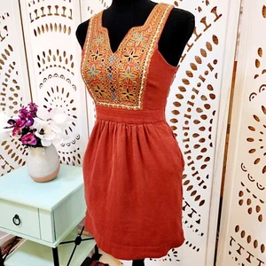 Dress-Lucky Brand Little Red Mini Dress With Elaborate Boho Embroidered Front - Picture 1 of 9