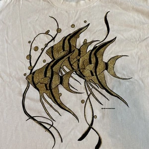 Vintage Shirt Diamond Dust Fish Graphic Glitter White Single stitch Size XL - Picture 1 of 12