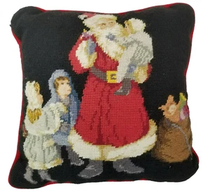 Vintage Father Christmas Needlepoint Throw Pillow Wool Santa Claus With Children - Picture 1 of 12