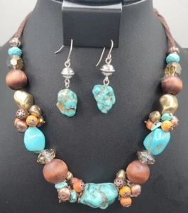 Chunky Turquoise Beaded 20" Necklace & Hook Earrings Brown Beads Gold Tones  - Picture 1 of 19