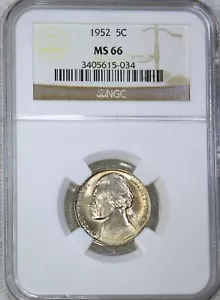 1952 P Jefferson níquel NGC MS66 se ve a pasos completos hermoso brillo PQ #E626C - Imagen 1 de 5