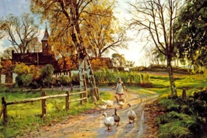 THE GOOSE GIRL FARM SCENE PAINTING BY PEDER MONSTED REPRO  - Picture 1 of 3