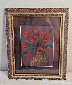 Original Signed Vintage Red Tulips in a Vase Framed Watercolor Painting - Picture 1 of 8