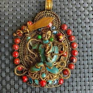 3,3" Nepal handvergoldeter Manjusri Bodhisattva körperschützender Buddha Anhänger - Bild 1 von 5