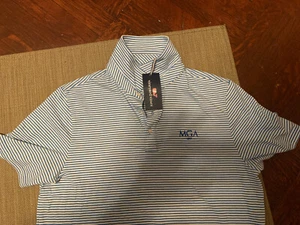 Herren Medium Kurzarm Golfshirt Vineyard Vines MGA Logo Blau Streifen Stretch - Bild 1 von 3