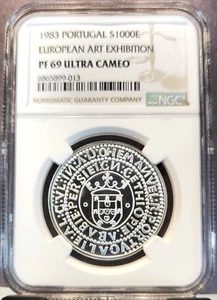 1983 PORTUGAL SILVER 1000 ESCUDOS ART EXHIBITION NGC PF 69 ULTRA CAMEO TOP POP - Picture 1 of 3