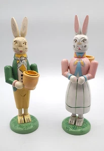Easter Bunny Rabbit Wood Carved Painted Candle Holders - Set of 2 Folk Art - Picture 1 of 6