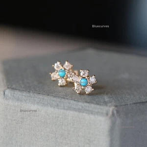 Real Turquoise & Natural Diamond Flower Tiny Stud Earrings With 14K Yellow Gold - Picture 1 of 11