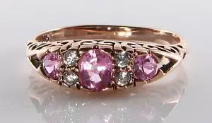 CUSTOM ORDER 9K 9CT ROSÉGOLD ROSA SAPHIR DIAMANT ART DECO INS RING GRÖSSE J - Bild 1 von 6