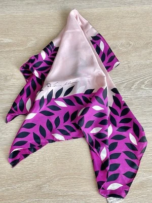 Anne Klein Silk Scarf 26” Square Hand Rolled Fuchsia Pink Black Leaves VTG - Image 1 of 4