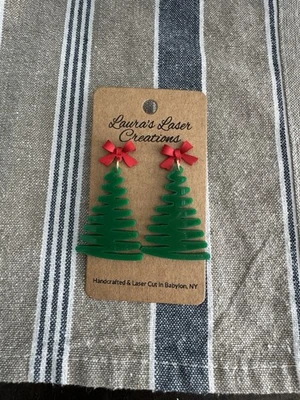 Laser Cut Earrings Christmas Tree With Red Bow Acrylic - Image 1 of 2