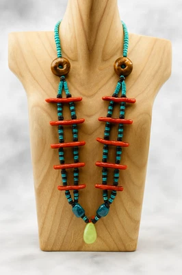 Бирюза ручной работы заявление ожерелье с шваброй, коралл, и желтый нефрит подвеска! - Изображение 1 из 4