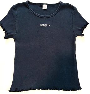 Vintage geripptes "Faughty" Logo Babydoll Top Damen groß tailliert schwarz Y2K Bluse 90er - Bild 1 von 10