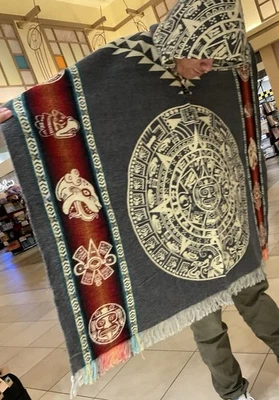 Exclusively Handcrafted ALPACA PONCHO, Aztec Calendar, Geometric, Mystic Forest - Image 1 of 4
