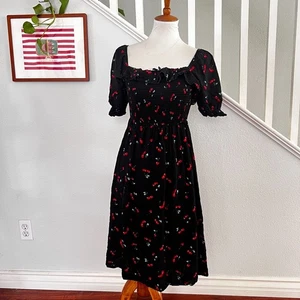 Shein Womens Cherry Print Ruched Peasant Midi Dress Sz S Pin Up Retro Twee - Picture 1 of 8