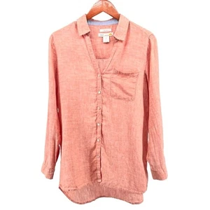 C&C California 100% Linen Button Down Top Sz S Orange Heather Roll Tab Sleeves - Picture 1 of 15